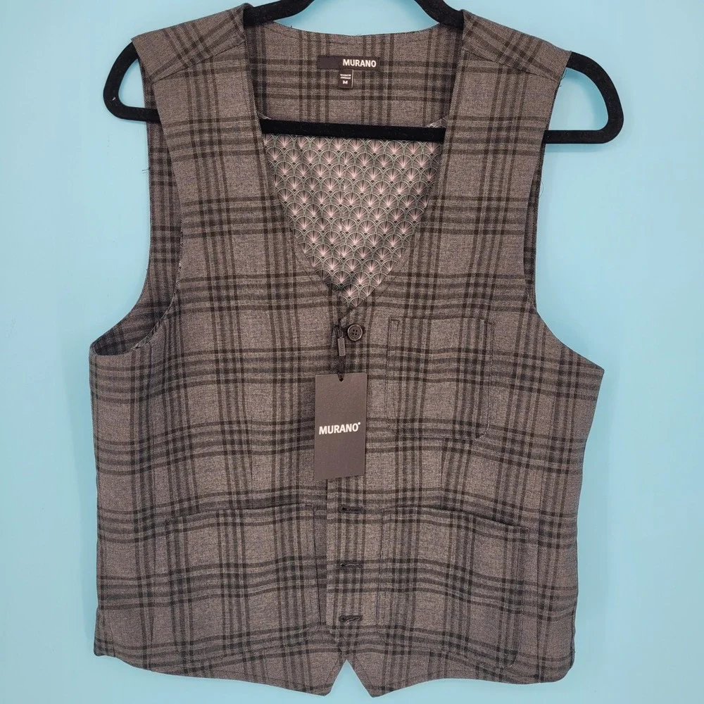 New Murano Suit Vest Mens Size M Plaid Formal Business Casual Grey Plaid Button